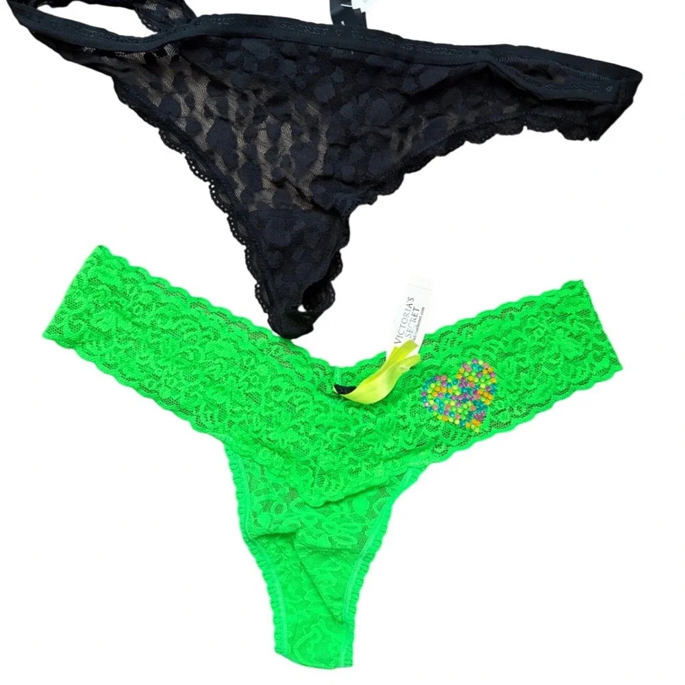 Victoria's Secret Rare 2012 Panty Bundle Neon Green Lace Rhinestone Heart Lace L